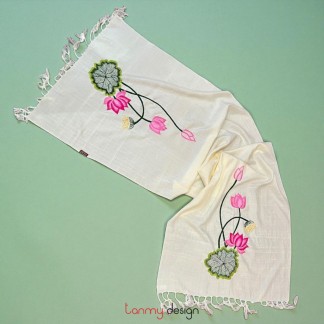 Cream silk scarf hand-embroidered with the lotus 190x85cm